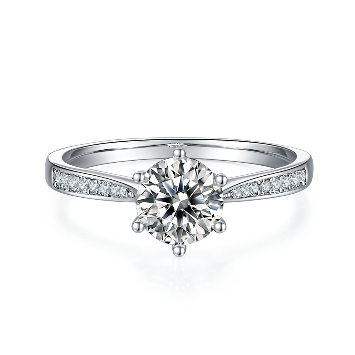 Straight arm micro inlaid six claw S925 silver plated platinum Moissanite women's ring 1 carat D-grade